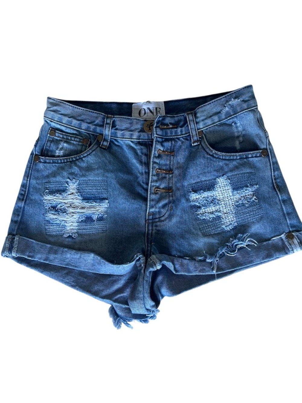 One Teaspoon Blue Distressed Denim Shorts Button Fly Size 25